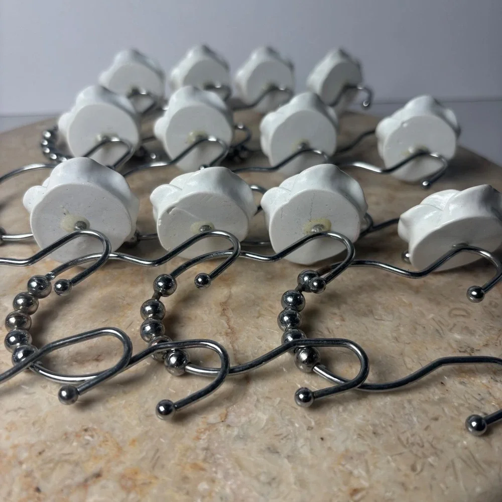 UO Rose Icon Shower Curtain Hooks Set of 12‎ White 3D Rose Flower Shabby Chic